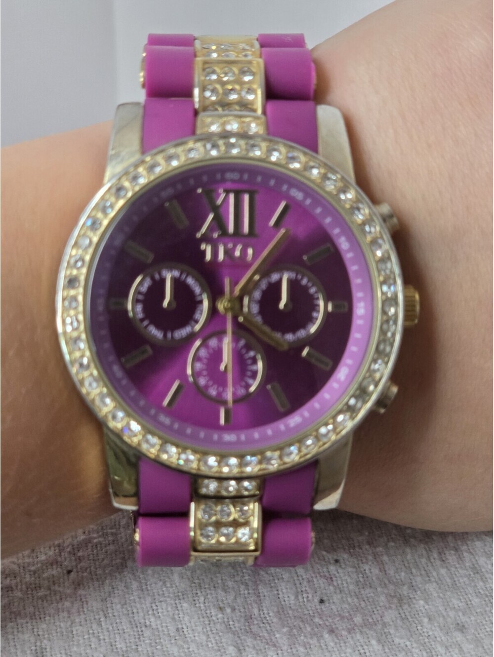 TKO Roman Number Pink Ladies Watch Faux Chronograph Silicone Ban Needs Battery